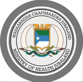 Seal of the Ministry of Health Jubaland with traditional symbols and text in Somali and English.